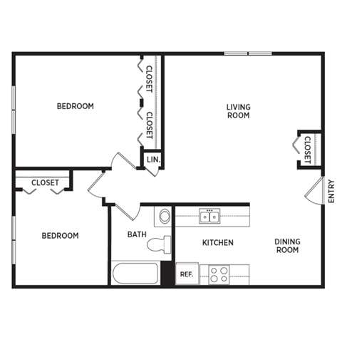 Floor plan for 2 beds, 1 bath, 895 sqft